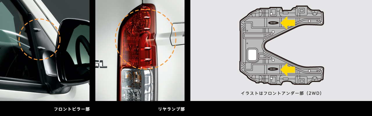フロントピラー部(写真)、リヤランプ部(写真)、フロントアンダー部(2WD)(イラスト)